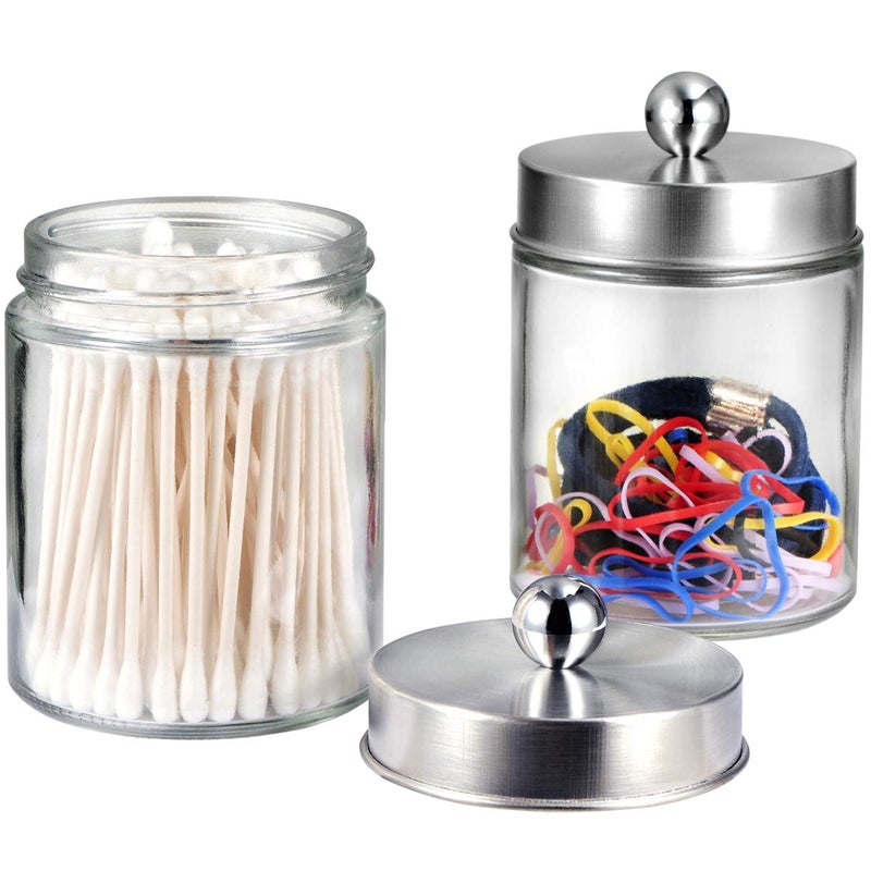 Amolliar Apothecary Jars Bathroom Vanity Organizer -Countertop Canister Jar with Storage Lid - Qtip Dispenser Holder Glass for Qtips,Cotton Swabs,Makeup Sponges,Hair Band - Brushed Nickel (2 Pack) - Image 2